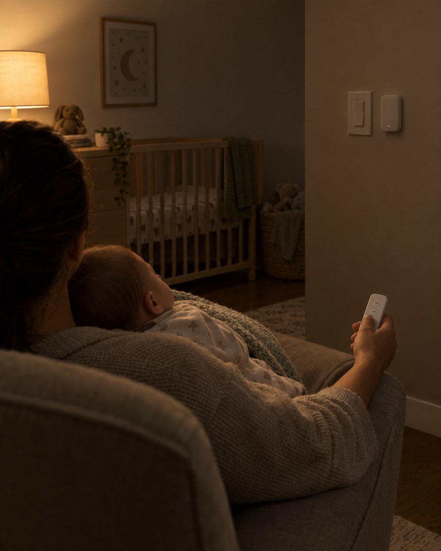 Parent with a sleeping baby using the Bedswitch remote