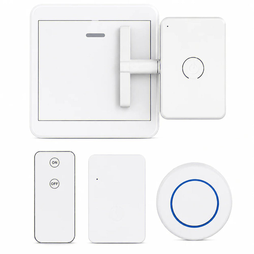 The Bedswitch kit: motorized arm on a rocker switch, ON/OFF remote, wireless wall button