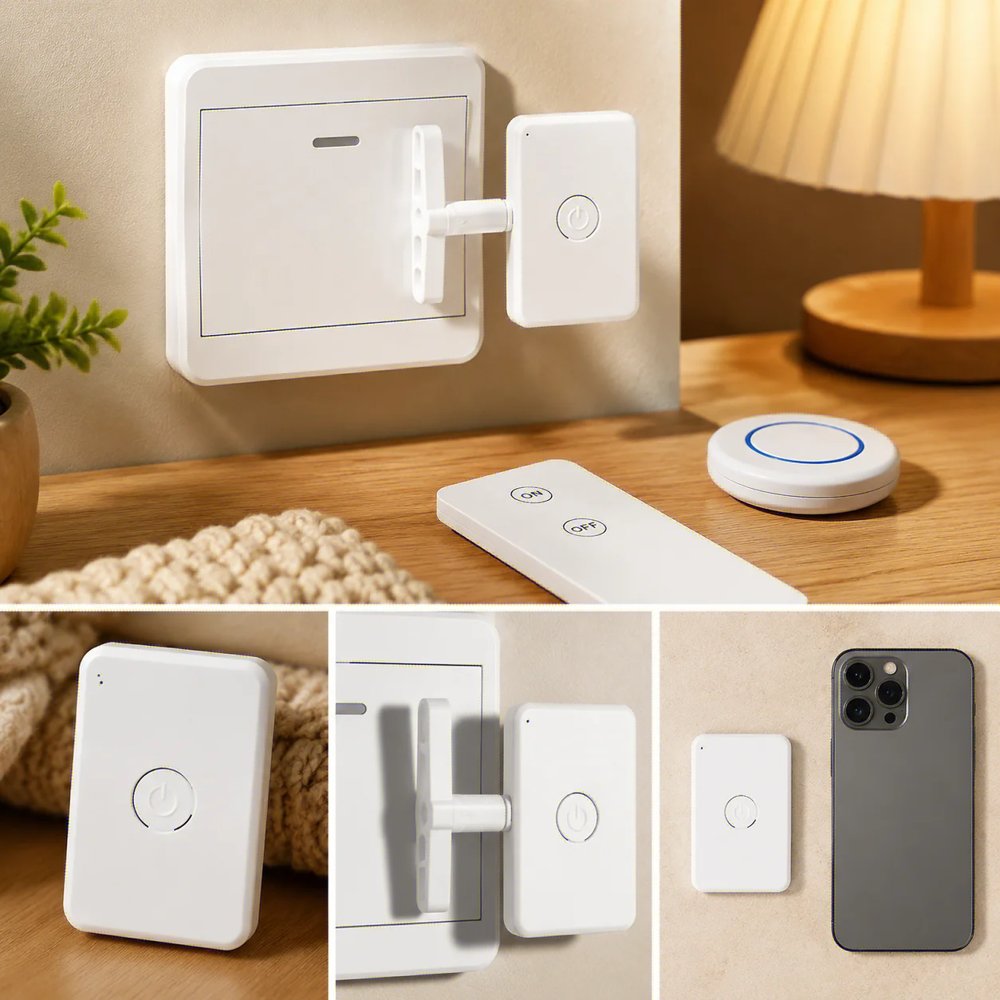 Bedswitch on a bedroom wall switch next to a bedside lamp